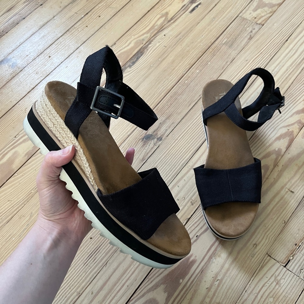 TOMS Diana Platform Sandals Womens 9.5 Black Strappy Espadrille Sawtooth Sole